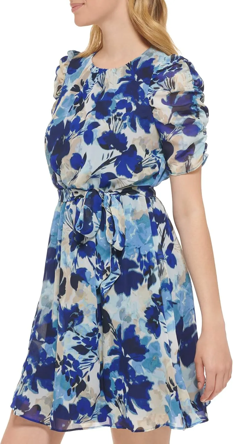 Jessica Howard Women's Petite Floral Puff Sleeve Mini Shirt Dress in Printed Chiffon
