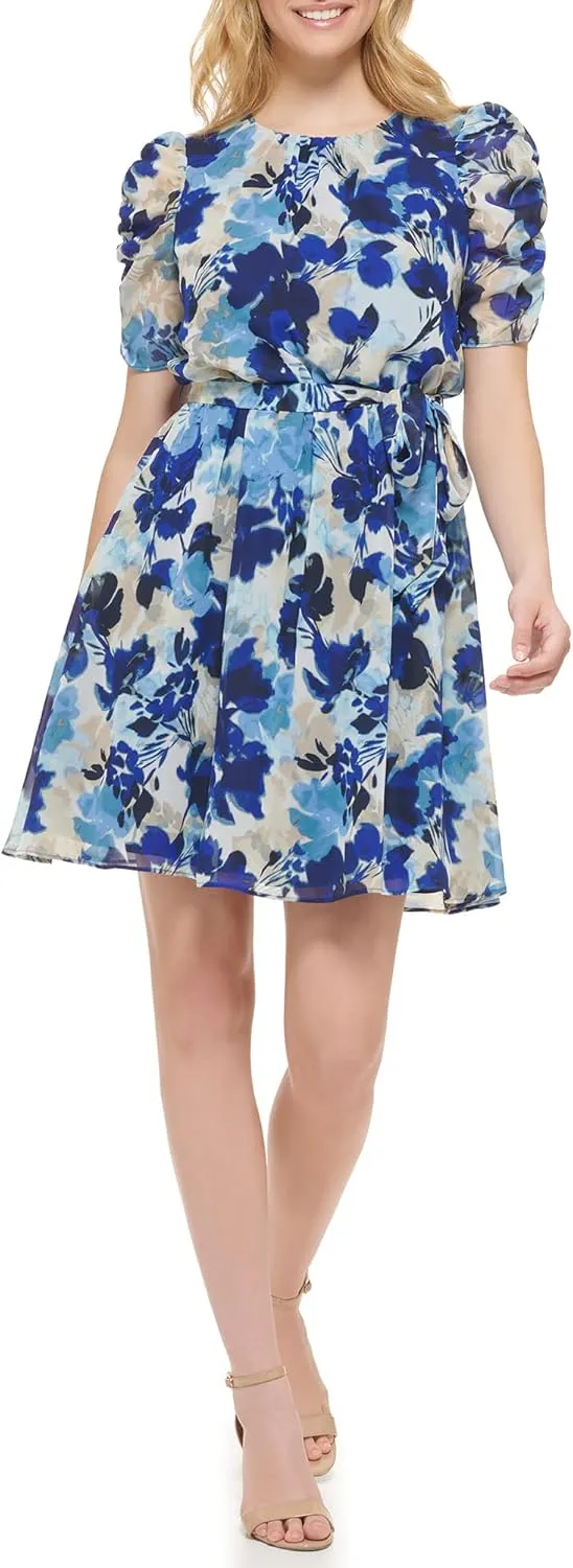 Jessica Howard Women's Petite Floral Puff Sleeve Mini Shirt Dress in Printed Chiffon