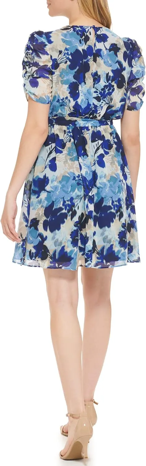 Jessica Howard Women's Petite Floral Puff Sleeve Mini Shirt Dress in Printed Chiffon