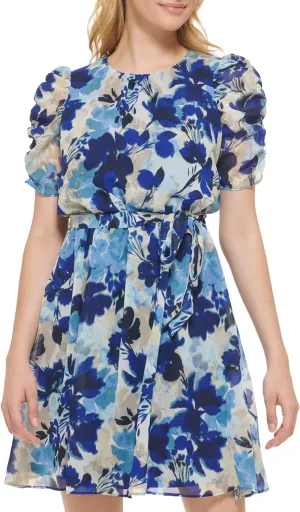 Jessica Howard Women's Petite Floral Puff Sleeve Mini Shirt Dress in Printed Chiffon