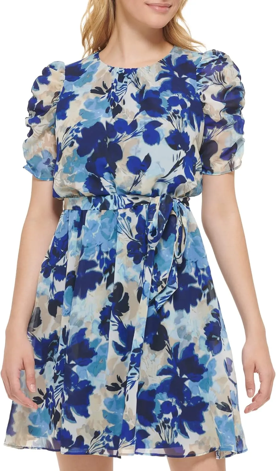 Jessica Howard Women's Petite Floral Puff Sleeve Mini Shirt Dress in Printed Chiffon
