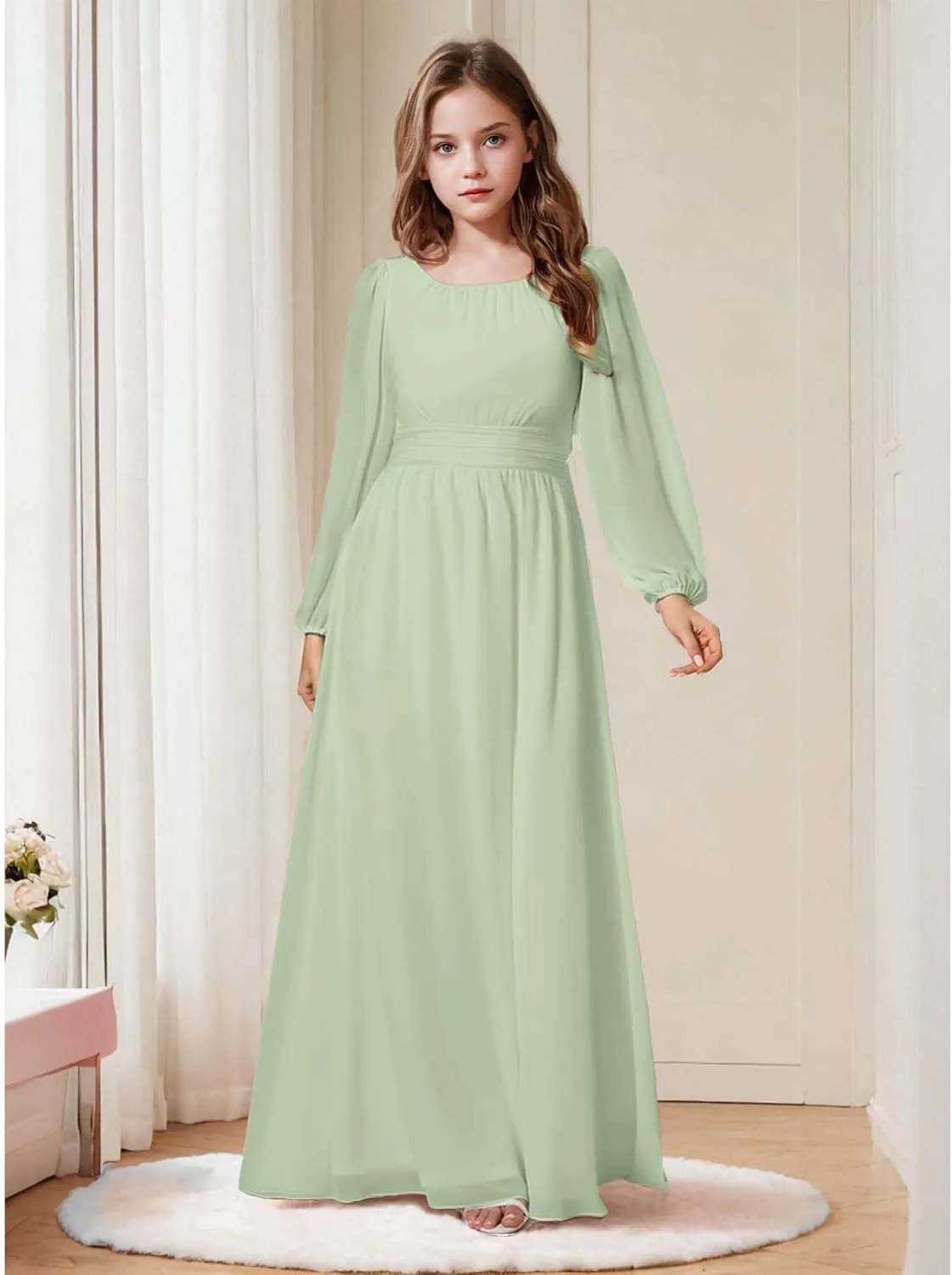 Junior Bridesmaid Dress Long Lantern Sleeves A-Line Chiffon Flower Girl Dress Girls Formal Dress