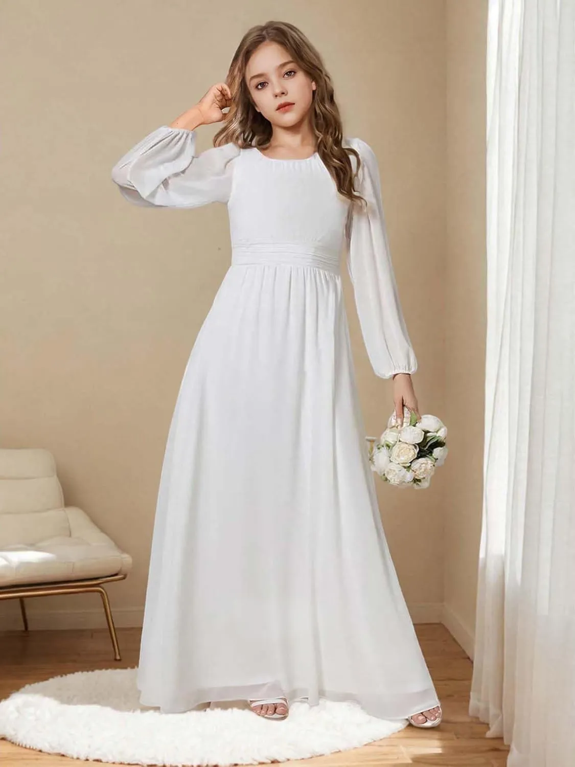 Junior Bridesmaid Dress Long Lantern Sleeves A-Line Chiffon Flower Girl Dress Girls Formal Dress