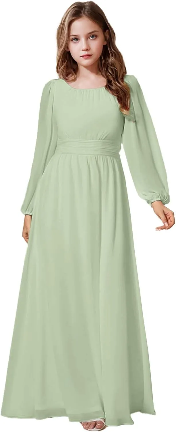 Junior Bridesmaid Dress Long Lantern Sleeves A-Line Chiffon Flower Girl Dress Girls Formal Dress