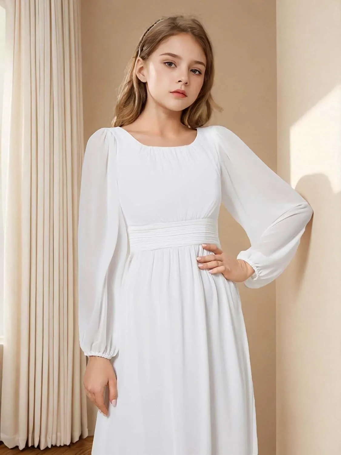 Junior Bridesmaid Dress Long Lantern Sleeves A-Line Chiffon Flower Girl Dress Girls Formal Dress