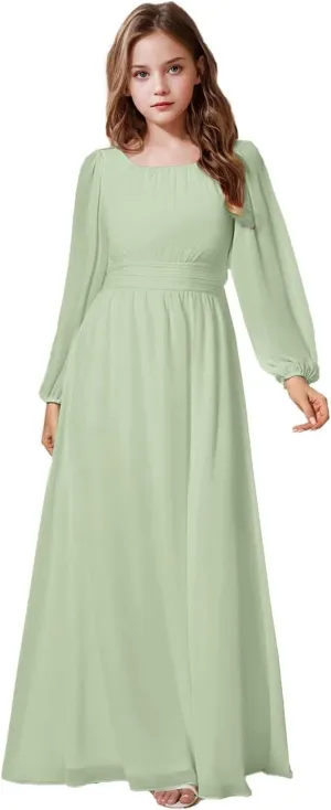 Junior Bridesmaid Dress Long Lantern Sleeves A-Line Chiffon Flower Girl Dress Girls Formal Dress