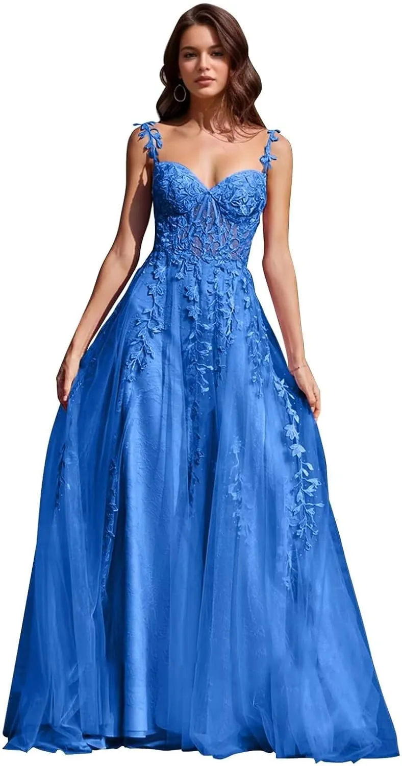 Lace Applique Tulle Prom Dresses for Women 2025 Spaghetti Straps Ball Gown Formal Evening Party Gown with Slit FA029