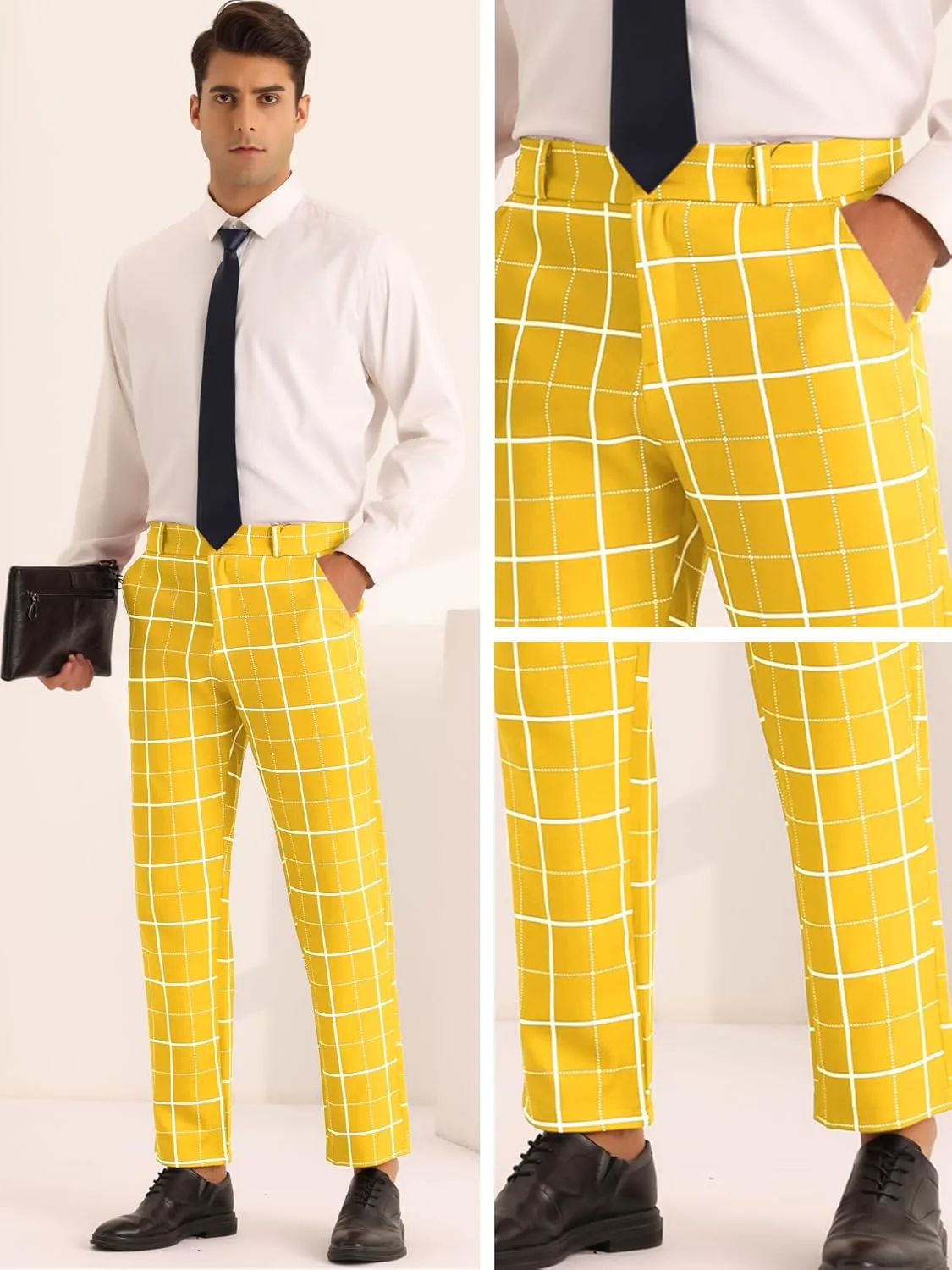 Lars Amadeus Plaid Dress Pants for Men's Business Slim Fit Flat Front Checked Pants