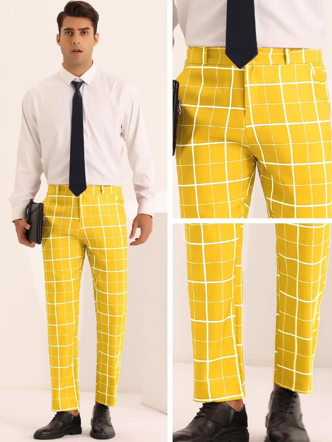 Lars Amadeus Plaid Dress Pants for Men's Business Slim Fit Flat Front Checked Pants