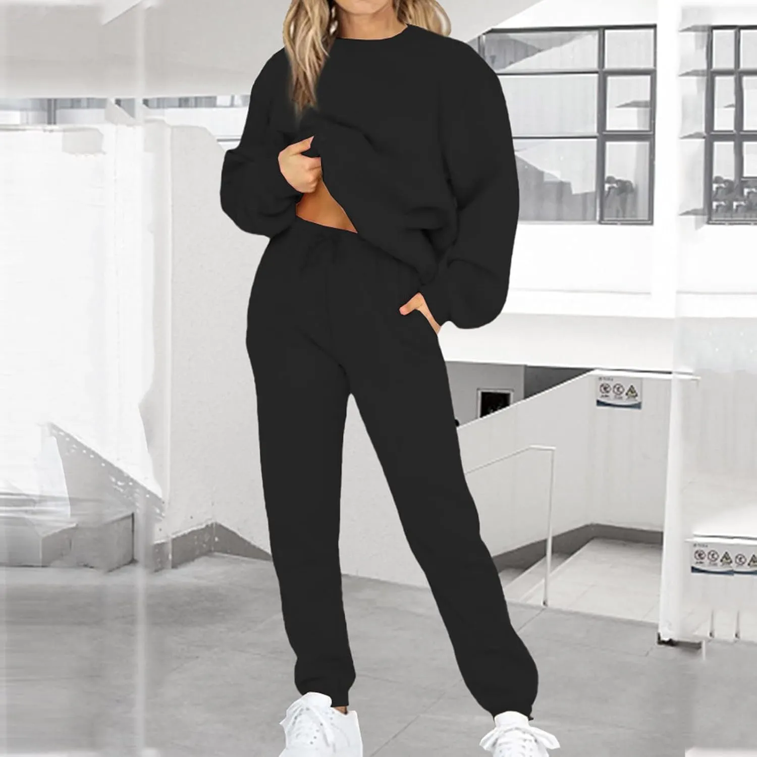 Lastesso Womens Loungewear Set Plus Size Sweatsuits Crewneck Long Sleeve Sweatshirt Baggy Sweatpants Outfits 2 Piece Sets