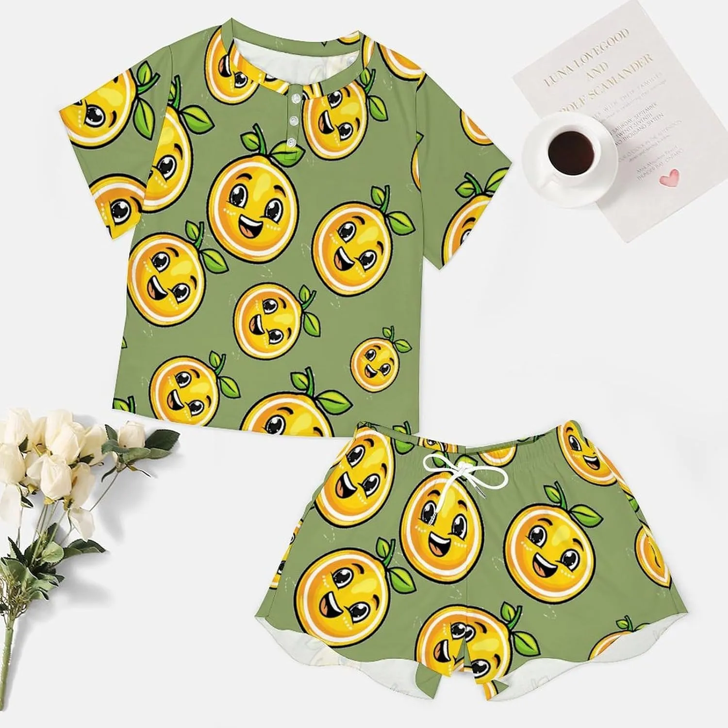 Lemons Citrus Women's Pajama Sets Short Sleeve Shirt And Shorts Cozy Sleepwear Loungewear Pjs