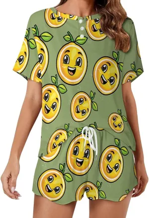 Lemons Citrus Women's Pajama Sets Short Sleeve Shirt And Shorts Cozy Sleepwear Loungewear Pjs