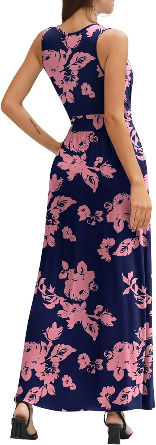 LILBETTER Women Sleeveless Deep V Neck Loose Plain Long Maxi Casual Dress