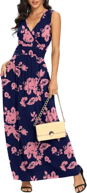 LILBETTER Women Sleeveless Deep V Neck Loose Plain Long Maxi Casual Dress