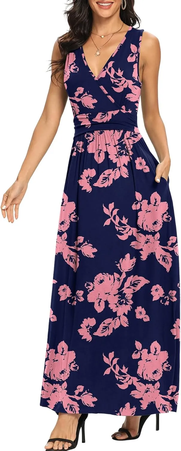 LILBETTER Women Sleeveless Deep V Neck Loose Plain Long Maxi Casual Dress