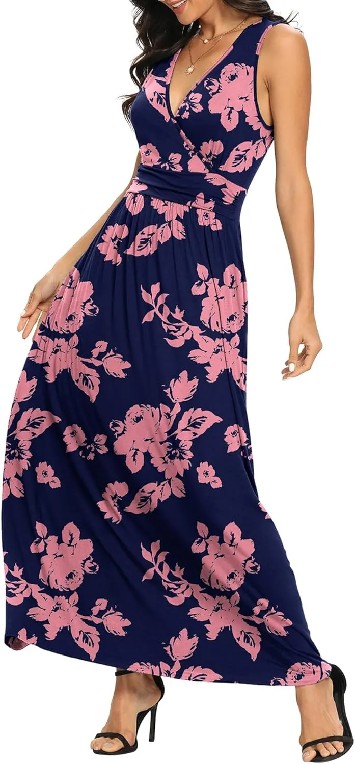LILBETTER Women Sleeveless Deep V Neck Loose Plain Long Maxi Casual Dress