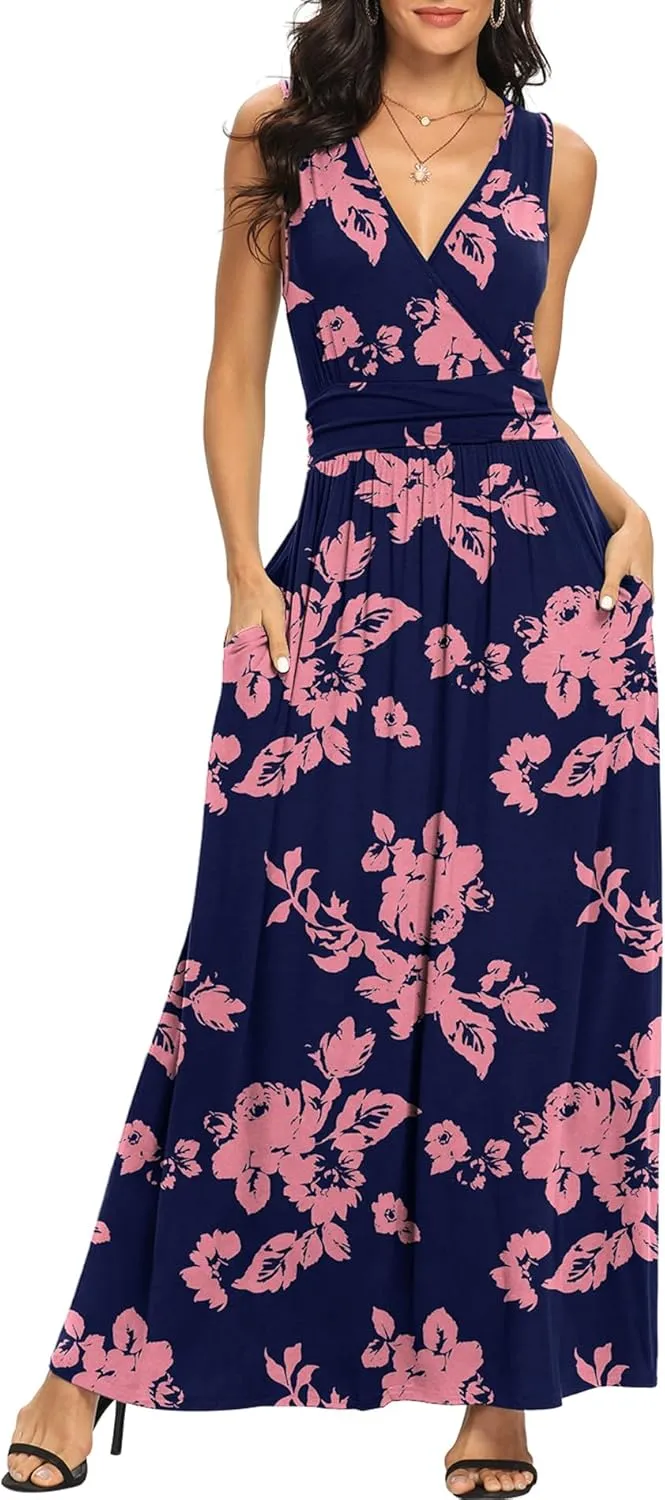 LILBETTER Women Sleeveless Deep V Neck Loose Plain Long Maxi Casual Dress