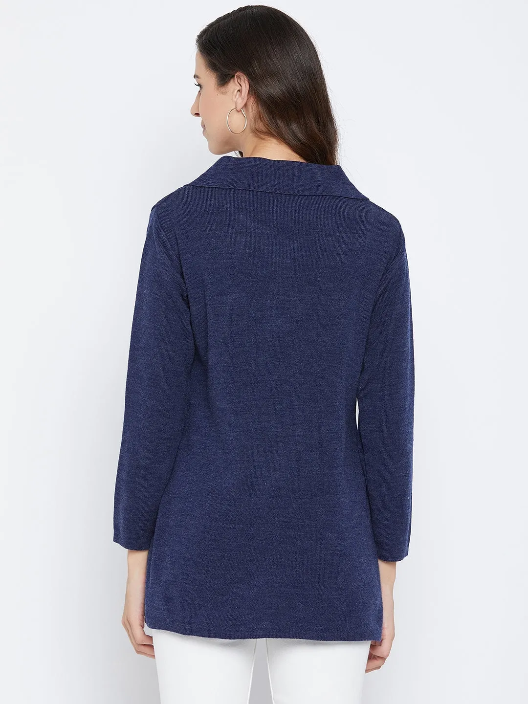 Livfree Women's Collar Neck Full-Sleeves Solid Cardigan - Blue