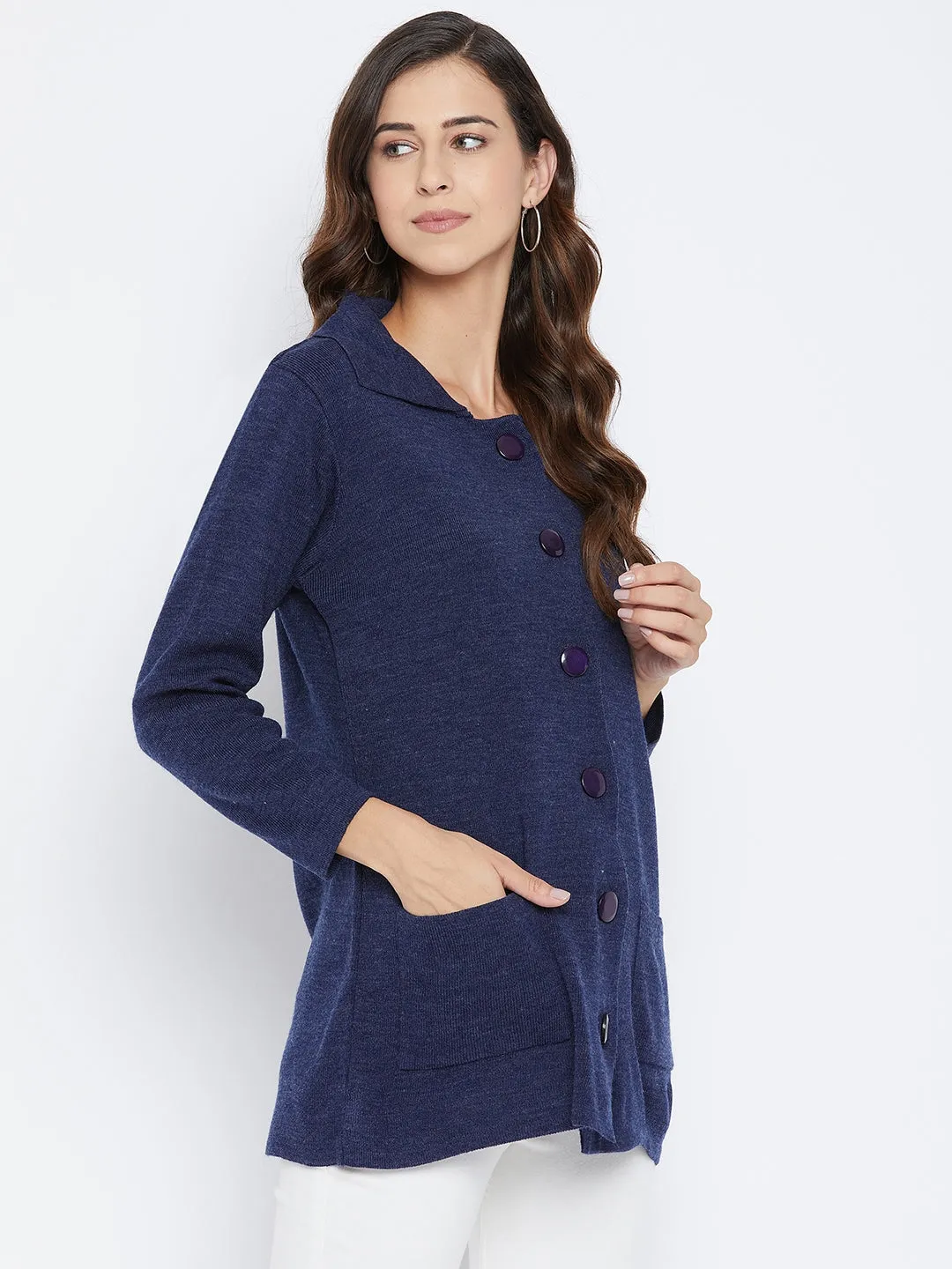 Livfree Women's Collar Neck Full-Sleeves Solid Cardigan - Blue