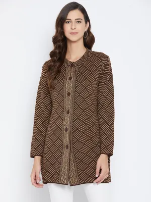 Livfree Women's T-neck Full-Sleeves Jaquard Cardigan - Brown