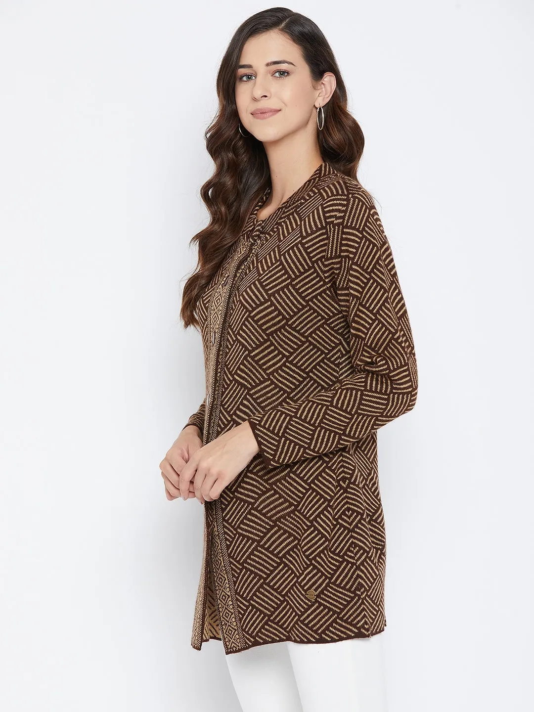 Livfree Women's T-neck Full-Sleeves Jaquard Cardigan - Brown