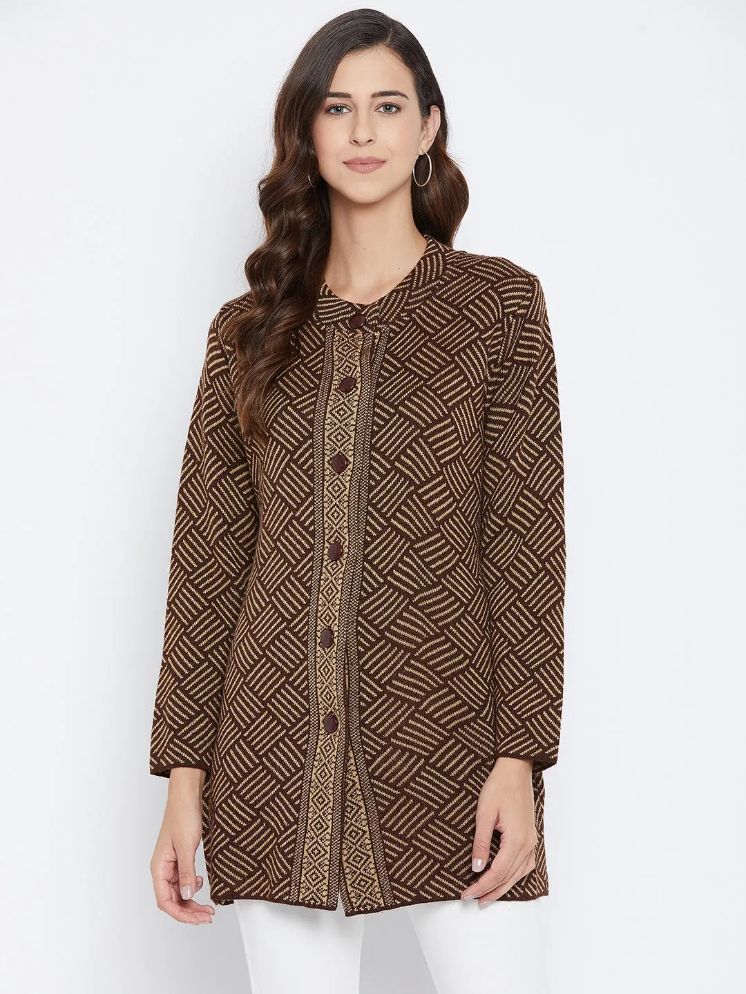 Livfree Women's T-neck Full-Sleeves Jaquard Cardigan - Brown