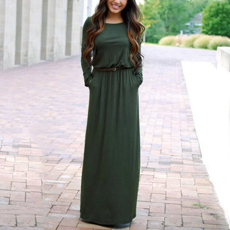 Long Sleeve Scoop Side Pockets Long Dress With Belt On