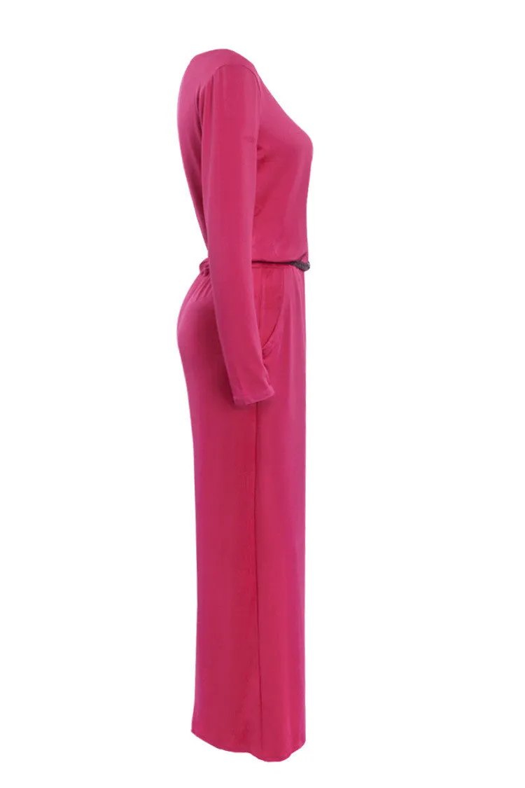 Long Sleeve Scoop Side Pockets Long Dress With Belt On
