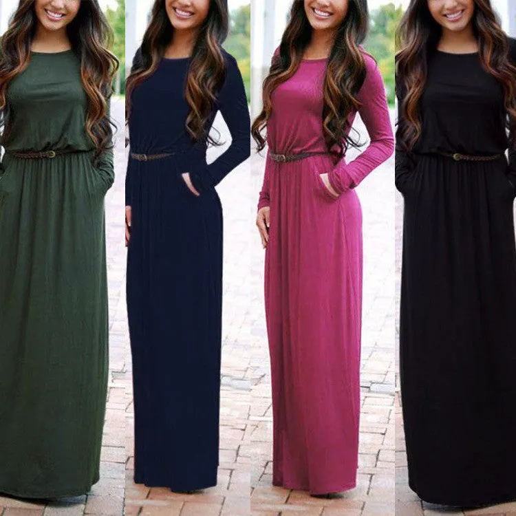 Long Sleeve Scoop Side Pockets Long Dress With Belt On