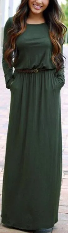 Long Sleeve Scoop Side Pockets Long Dress With Belt On