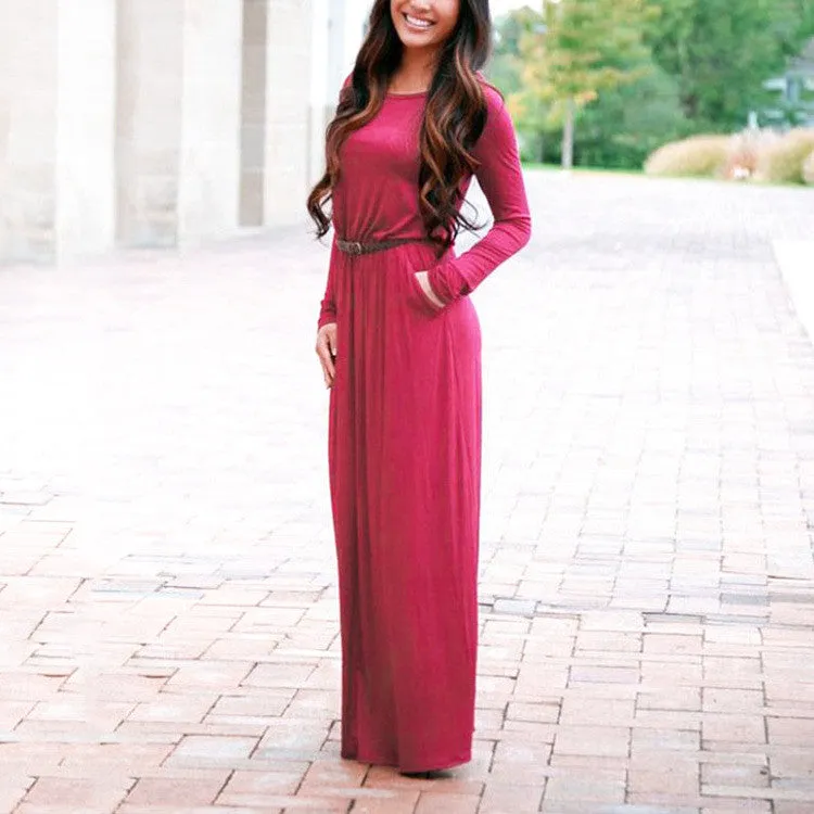 Long Sleeve Scoop Side Pockets Long Dress With Belt On