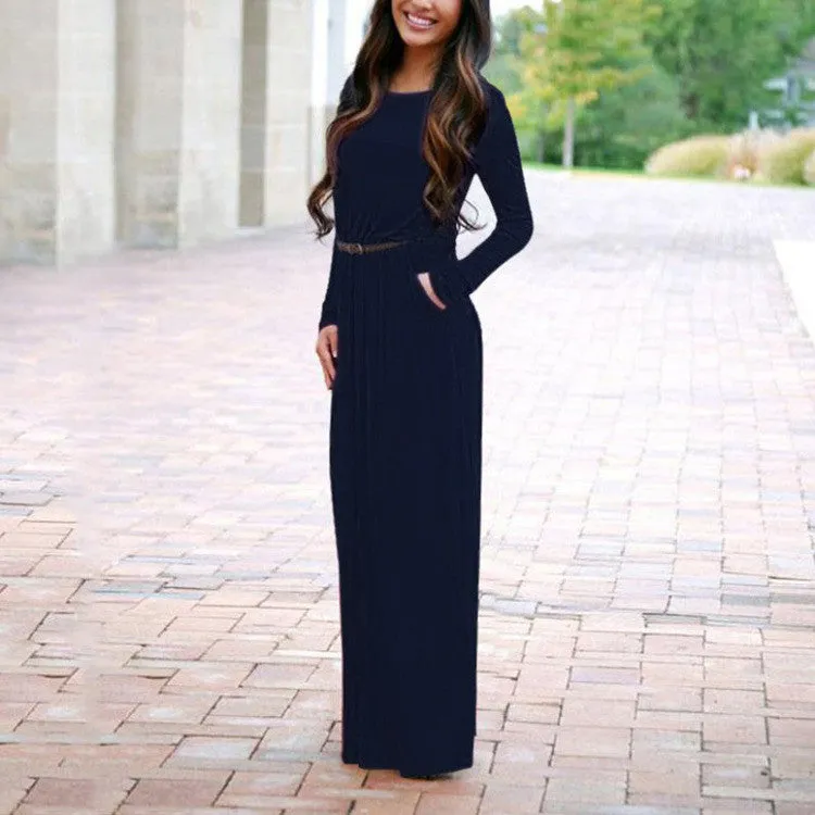Long Sleeve Scoop Side Pockets Long Dress With Belt On