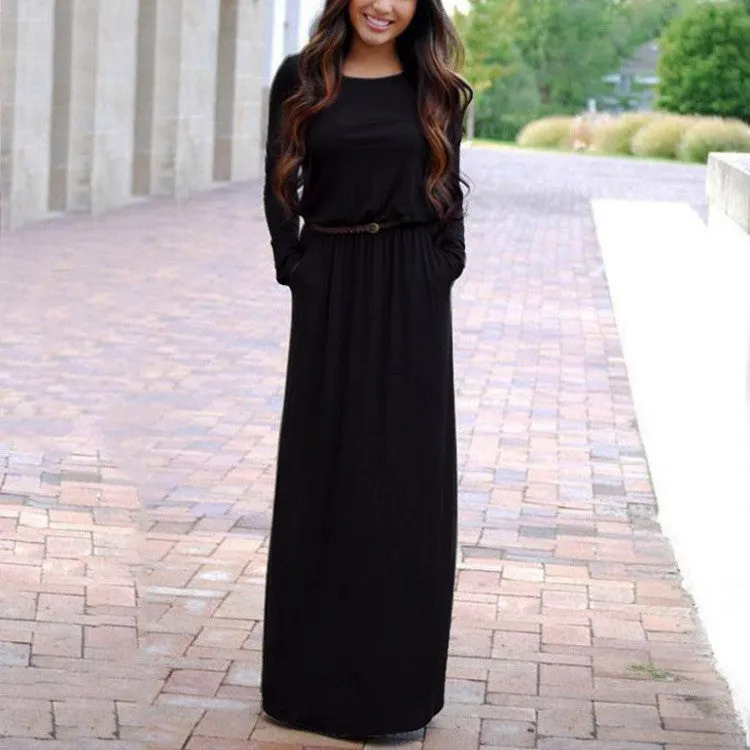 Long Sleeve Scoop Side Pockets Long Dress With Belt On