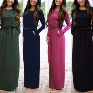 Long Sleeve Scoop Side Pockets Long Dress With Belt On