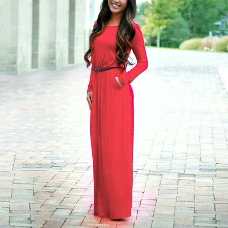 Long Sleeve Scoop Side Pockets Long Dress With Belt On