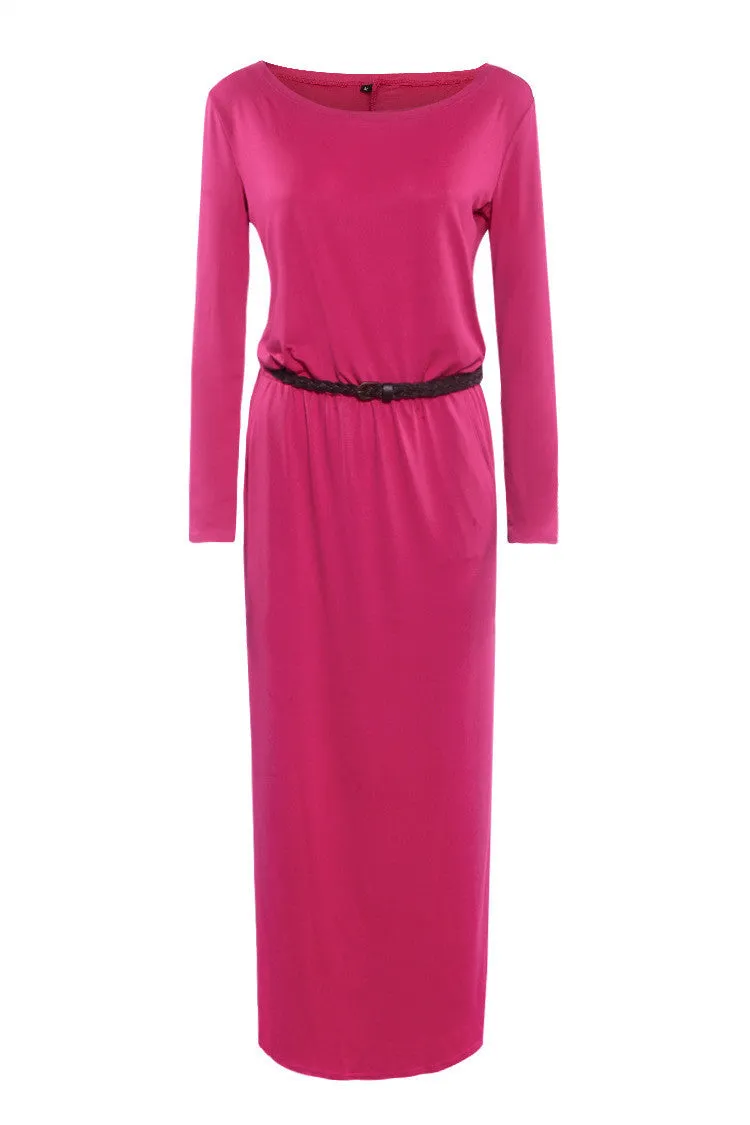 Long Sleeve Scoop Side Pockets Long Dress With Belt On