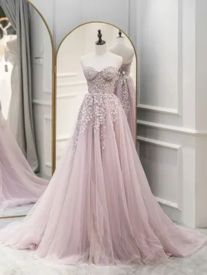 Luolandi A-Line Sweetheart Neck Tulle Lace Pink Long Prom Dress Formal Dresses Off Shoulder with Appliques