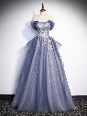Luolandi Charming Tulle Sequins A-Line Prom Dresses Off the Shoulder Floor-Length Formal Dresses Sexy