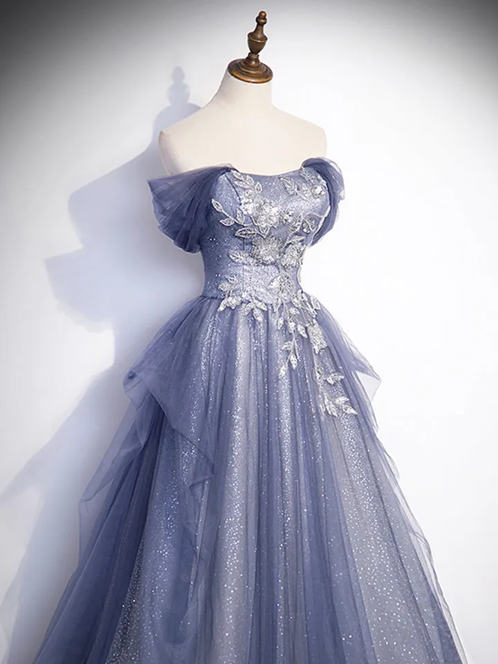 Luolandi Charming Tulle Sequins A-Line Prom Dresses Off the Shoulder Floor-Length Formal Dresses Sexy