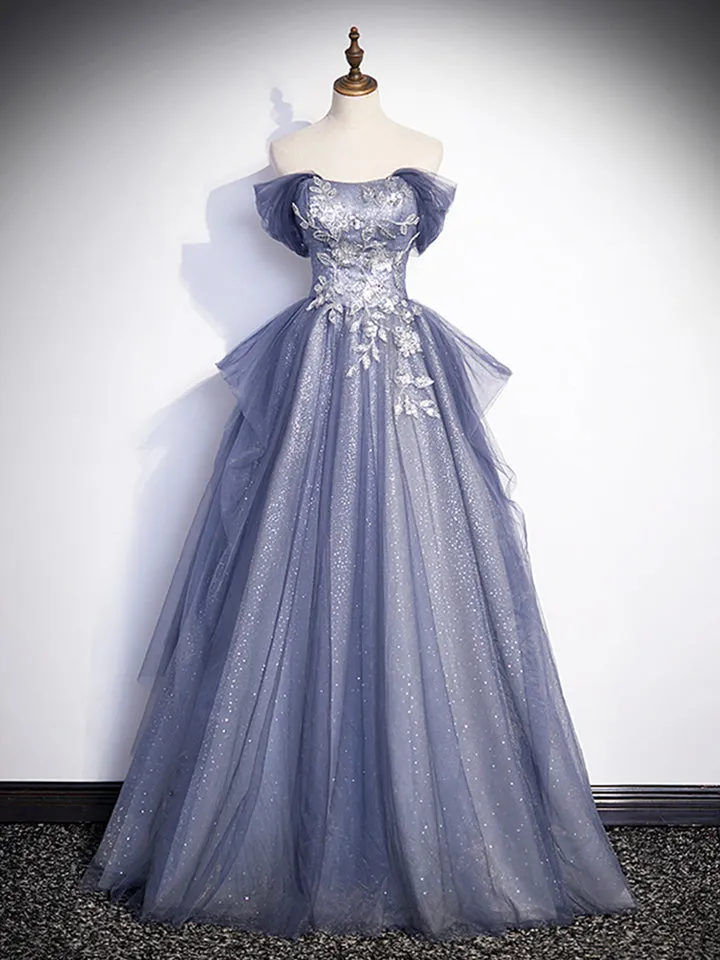 Luolandi Charming Tulle Sequins A-Line Prom Dresses Off the Shoulder Floor-Length Formal Dresses Sexy