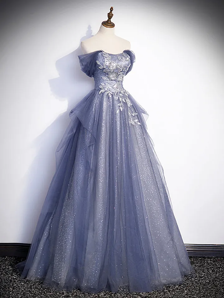 Luolandi Charming Tulle Sequins A-Line Prom Dresses Off the Shoulder Floor-Length Formal Dresses Sexy