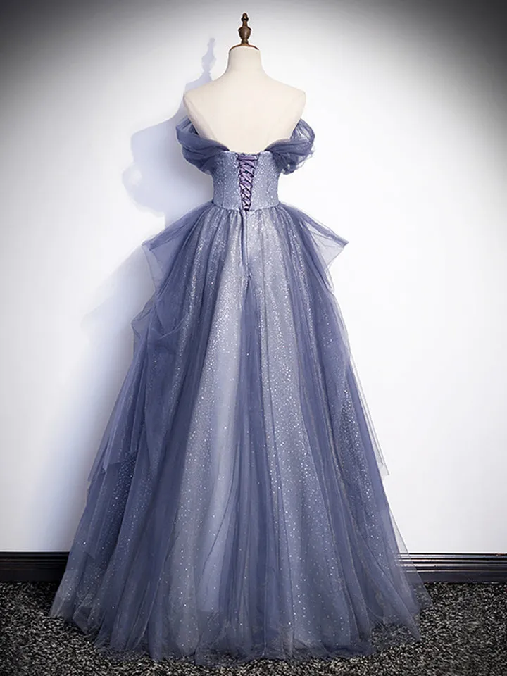 Luolandi Charming Tulle Sequins A-Line Prom Dresses Off the Shoulder Floor-Length Formal Dresses Sexy
