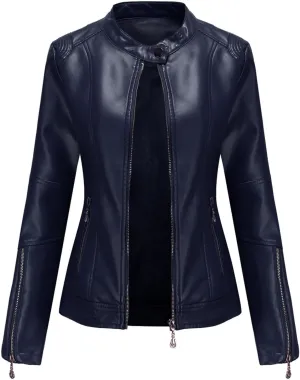 Lu's Chic Women's Fall Leather Jacket Motorcycle Jacket Faux Leather Warm Spring Zip Up Vintage Motorcycle Jacket