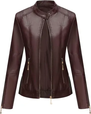 Lu's Chic Women's Fall Leather Jacket Motorcycle Jacket Faux Leather Warm Spring Zip Up Vintage Motorcycle Jacket