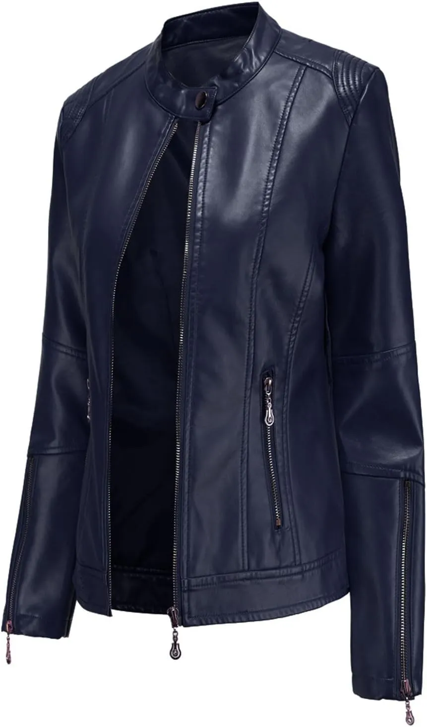 Lu's Chic Women's Fall Leather Jacket Motorcycle Jacket Faux Leather Warm Spring Zip Up Vintage Motorcycle Jacket