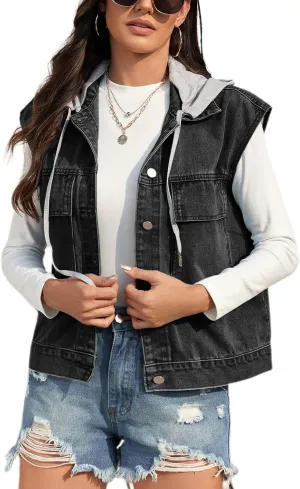 Lu's Chic Women's Hooded Denim Jacket Vest Sleeveless Loose Casual Fashion Button Down Jean Jackets w/Detachable Hood