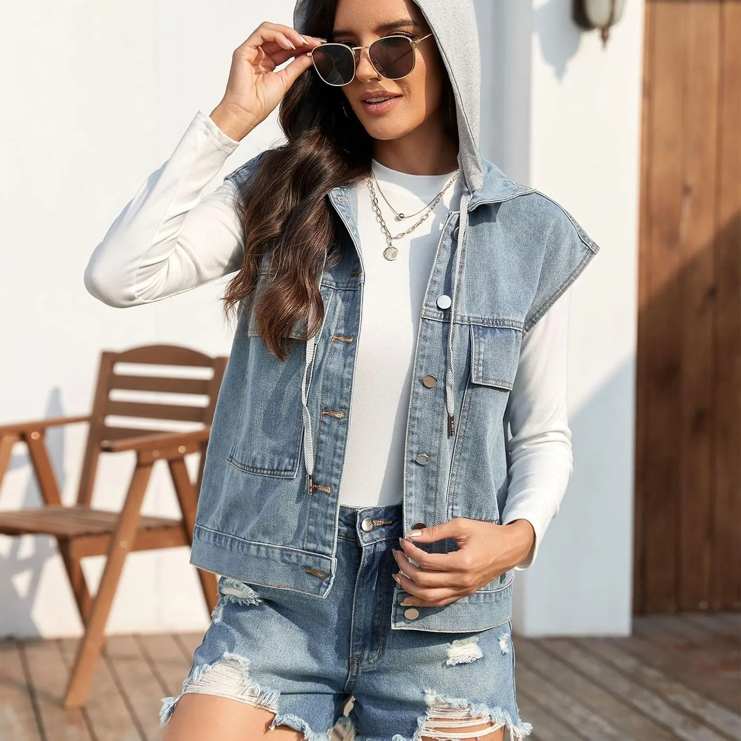 Lu's Chic Women's Hooded Denim Jacket Vest Sleeveless Loose Casual Fashion Button Down Jean Jackets w/Detachable Hood