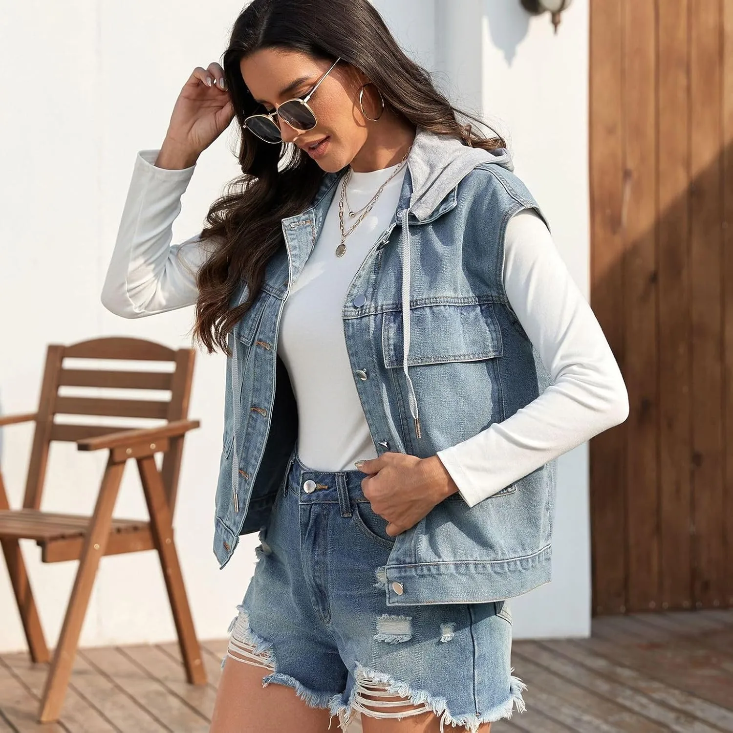 Lu's Chic Women's Hooded Denim Jacket Vest Sleeveless Loose Casual Fashion Button Down Jean Jackets w/Detachable Hood
