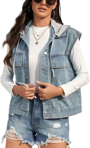 Lu's Chic Women's Hooded Denim Jacket Vest Sleeveless Loose Casual Fashion Button Down Jean Jackets w/Detachable Hood