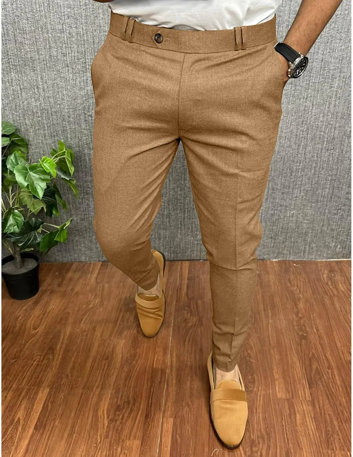 Mens Classic Stretch Flat Front Dress Pants Slim Fit Lightweigh Business Suit Trousers Daliy Streetwear with Pockets